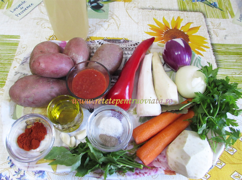 Ingrediente pentru reteta de ciorba de cartofi cu bors