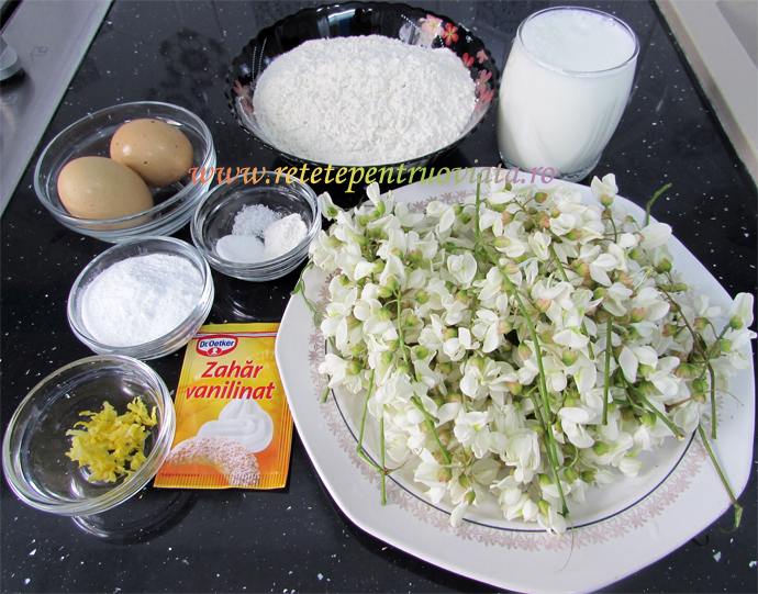 Ingrediente pentru reteta de gogosi din flori de salcam