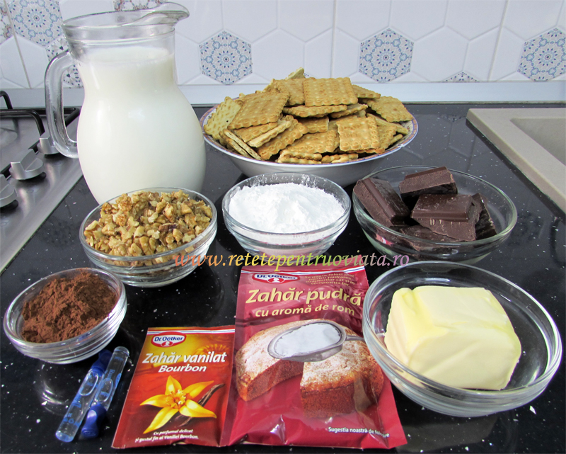 Ingrediente pentru reteta de tort de biscuiti cu ciocolata si nuci