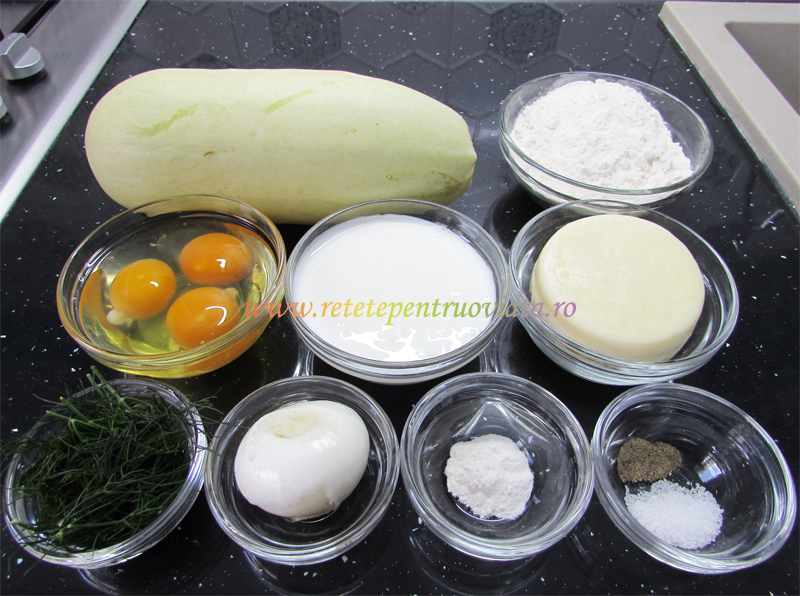 Ingrediente pentru reteta de clatite umplute cu cascaval si dovlecei